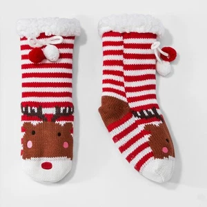 Cat & Jack Girls' Reindeer Slipper Socks M Medium Red Stripes Holiday Christmas - Picture 1 of 1