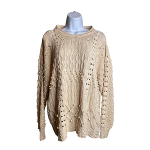 Fiber Arts Damenpullover elfenbeinfarben Zopfmuster Bommeldetail Est Gr. XL Oversized - Bild 1 von 8