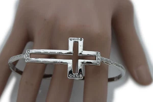 Women Silver Metal Fashion Jewelry Ring Long Cross One Size Hand Wrist Bead Wide - Picture 1 of 10