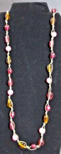 VINTAGE Pink, Red & Amber Art Glass Necklace with Leather Cord - BOHO - Picture 1 of 8