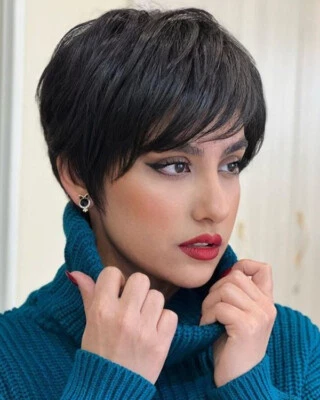 Remy Human Hair Wig Black Short Pixie Cut Wigs with Bangs Natural Wig Soft - Image 1 of 4