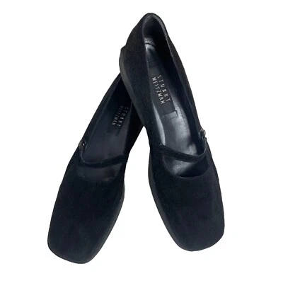 Zapatos De Colección Stuart Weitzman 10 AAA Negro Puntera Cuadrada Mary Janes Gamuza? ESTRECHO Foto 1 de 4