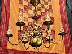 VINTAGE ANTIQUE BRASS 6 BRANCH LIGHT CHANDELIER with FAUX CANDLE COVERS SES LAMP - Picture 1 of 10