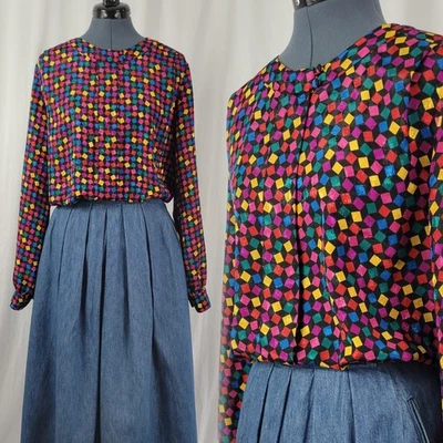 Vintage Laura & Jayne Black Collarless Blouse w Multicolored Squares Size 12 - Image 1 of 4