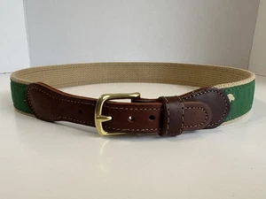 Preston Boy’s Belt Size 24 Months Woven Canvas Green Beige Dogs Leather Trim Vtg - Picture 1 of 9