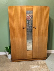 Vintage Light Teak Veneer Double Wardrobe by Lebus Closet Cupboard Century - Picture 1 of 9