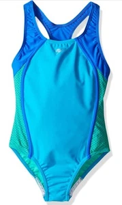 Speedo Girl's Swimsuit One Piece Mesh Splice Thick Strap , Cyan, 14 - Picture 1 of 6