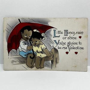 Vintage Black Americana Valentine's Day Boy and Girl Hugging on Bench Postcard - Picture 1 of 2