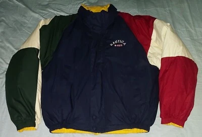 CHAQUETA ACOLCHADA REVERSIBLE NAUTICA DE COLECCIÓN BLOQUE DE COLOR GRANDE AMARILLO ROJO PLUMÓN DE PATO AÑOS 90 Foto 1 de 4