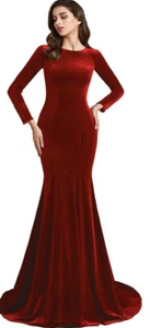 SSPBridal  Jewel Neck Velvet Prom Red Dress Mermaid Long Sleeves Formal  Size 10 - Imagen 1 de 5