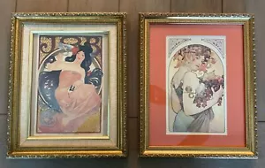 Pair Of Framed Under Glass Alphonse Mucha Prints Art Deco Art Nouveau Job - Picture 1 of 5