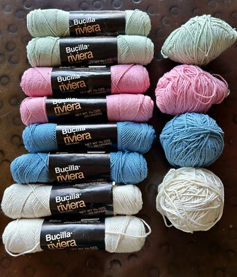 8 SKEINS + 4 BALLS BUCILLA RIVIERA COTTON PINK BLUE GREEN WHITE  5.5 OZ @ COLOR - Image 1 of 2