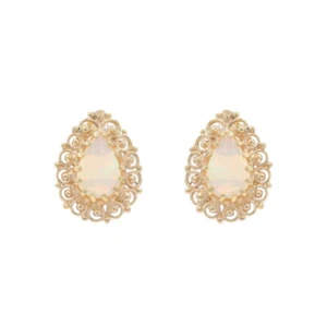 Yellow Gold Opal Large Stud Earrings - 14k Pear Cabochon .68ctw Scallop Pierced - Picture 1 of 8