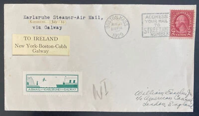 1929 Boston MA USA First Flight Airmail Cover  To Galway Ireland Karlsruhe Steam - Image 1 of 2