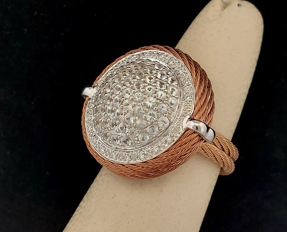 Charriol Celtic Classique White Sapphire 18k Gold & Steel Cable Ring - Size 6 - Image 1 of 4