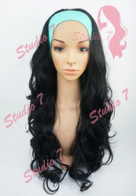 W117 Damen Jet schwarz 3/4 lang lockig halbe Perücke Clip im Studio7-UK