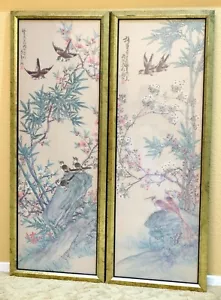 Vintage chinesische 2 große gerahmte Wandbehang Drucke Blumen/Vögel 13 3/4" x 38" - Bild 1 von 11