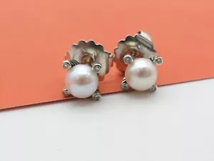 DAVID YURMAN Classic 6mm Cable Pearl Diamond Sterling Silver Earrings 925 - Picture 1 of 6