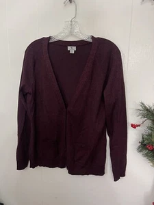 Worthington L Burgundy Metalic Cardigan Sweater Pockets V Neck Thin Stretchy EUC - Picture 1 of 4