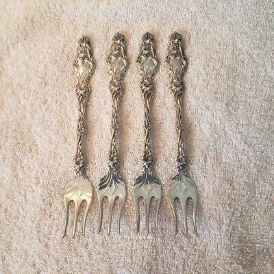 LILY WHITING Antiguo Juego de 4 Horquillas de Cóctel de Mariscos de Plata S Mono y Fecha Foto 1 de 4
