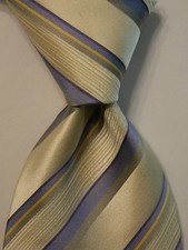 HUGO BOSS Men's 100% Silk Necktie ITALY Luxury Designer STRIPED Ivory/Blue EUC