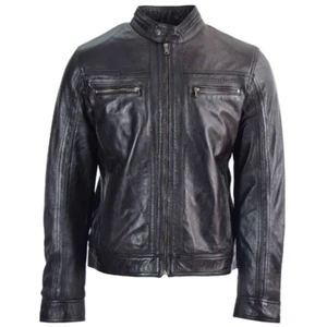 Men’s Real Leather Jacket Cafe Racer Biker Jacket Motorcycle Black - Picture 1 of 5
