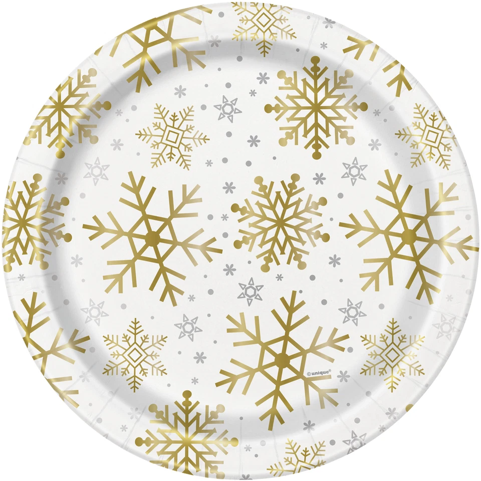 UNIQUE Snowflakes Christmas Party Plates 23cm Gold Christmas Paper Plates Winter Event