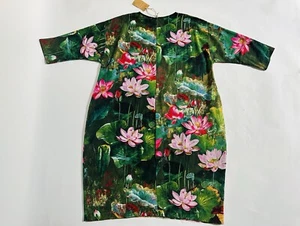 Midi Dress Baggy Onesize Floral Lily Print Linen Baggy Tunic Dress Pockets - Picture 1 of 13