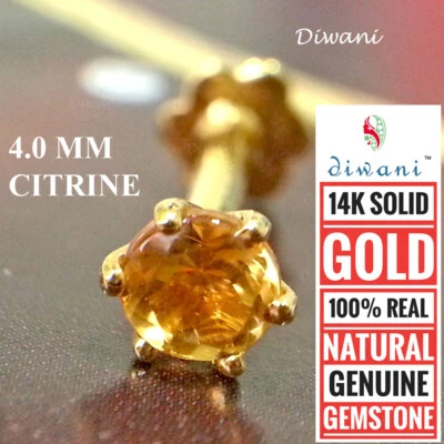 Diwani 4.0mm Citrino Natural Oro 14k Nariz Anillo Labio Labret Piercing Tornillo Foto 1 de 4