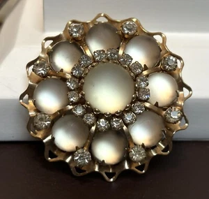 Vintage Frosted Glass Cabochon Rhinestone Brooch Pin - Picture 1 of 5