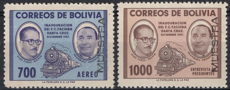 BOLIVIA,  RAILWAYS, 1957, MI # 558 & 590, SPECIMEN, M NO GUM - Image 1 of 1