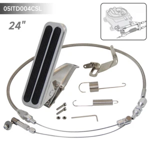 Billet Gas Pedal +24" Stainless Throttle Cable Bracket Spring Kit Hot Rod Silver - Picture 1 of 11