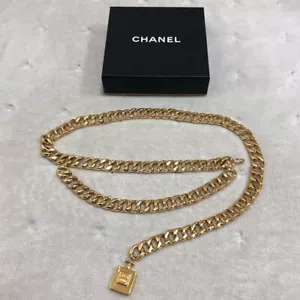 CHANEL CC Bottle perfume Charm Chain Belt 40" Gold Tone Auth w/Box #2264 - Picture 1 of 10