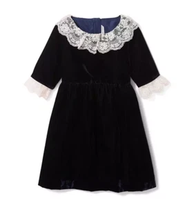 Janie and Jack Girls Size 5 Dark Marine Navy Velvet Lace Trim Short Sleeve Dress - Picture 1 of 10