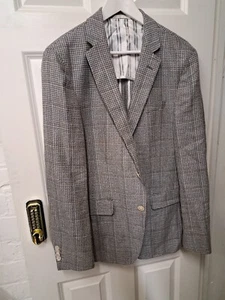 Hugo Boss Linen Jacket Blazer UK 42 Blue Grey Patterned London Summer Unlined - Picture 1 of 14