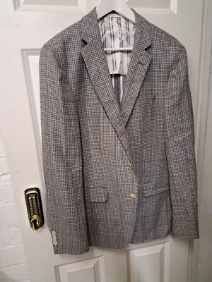Blazer Hugo Boss jaqueta de linho Reino Unido 42 azul cinza estampado Londres verão sem forro  - Imagem 1 de 4