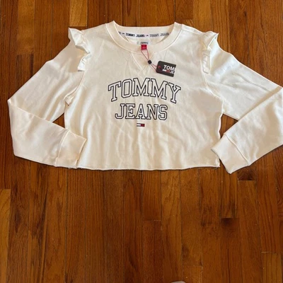 全新 Tommy 牛仔女式中号象牙色裁剪荷叶边运动衫 Y2K 拼色 — 第 1/4 张图片
