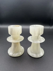 Vintage Alabaster Stone Candle Holders Pair White 3” See Desc - Picture 1 of 11