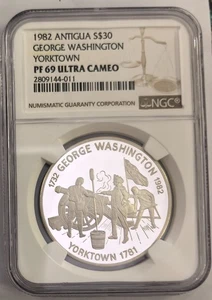 ANTIGUA & BARBUDA $30 1982 plata NGC PF69 George Washington Yorktown - Imagen 1 de 4