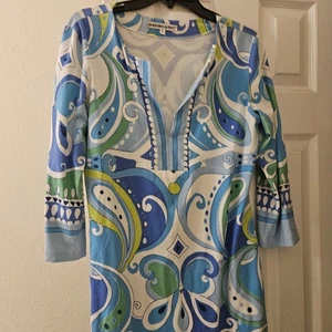 Vestido Vaina Túnica Boho Otoño Diseño Retro Años 70 Azul Verde Barbara Gerwit L - Imagen 1 de 7