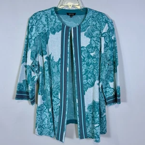 Misook Size 1X Cardigan Jacket Teal Floral Abstract Knit 3/4 Sleeve Stretch - Picture 1 of 8