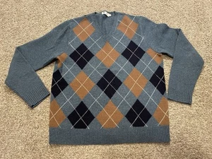 Vintage J. Maglione Crew Argyle uomo grande grigio marrone blu navy lana di agnello - Foto 1 di 7