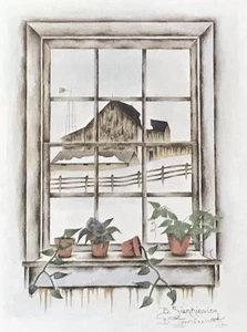 Farmyard Window View Art Print Signed B Sienkiewicz Barn Country Winter Rustic - Picture 1 of 6