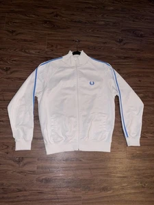 Fred Perry Track Jacket Mens Large White Blue Full Zip Striped Sleeves J6327 - Picture 1 of 7