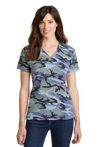 Port & Company LPC54VC Women's 100% Core Cotton Camo V Neck Tee T-Shirt - Picture 1 of 7