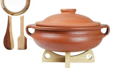 Terracotta Clay Pottery Mud Pot Earthen Cooking Serving With Lid Red 1 L - Image 1 of 3