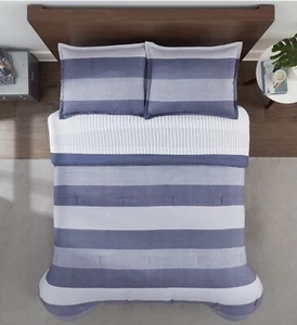 Serta Simply Clean 3pc Hypoallergenic Blue Striped Comforter Set Full/Queen B/N - Picture 1 of 10