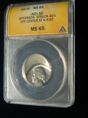 NO DATE JEFFERSON NICKEL 5C, STRUCK 40% OFF CENTER AT K=5:00, ANACS MS-65 - Image 1 of 2