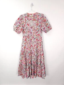 Boden Dress Size 14 R Pink Puff Sleeve Tiered Midi Floral Summer Cotton Holiday - Picture 1 of 12
