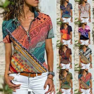 T-Shirt Plus Size Summer Tops Short Sleeve Boho Zipper Blouse UK Womens - Picture 1 of 13